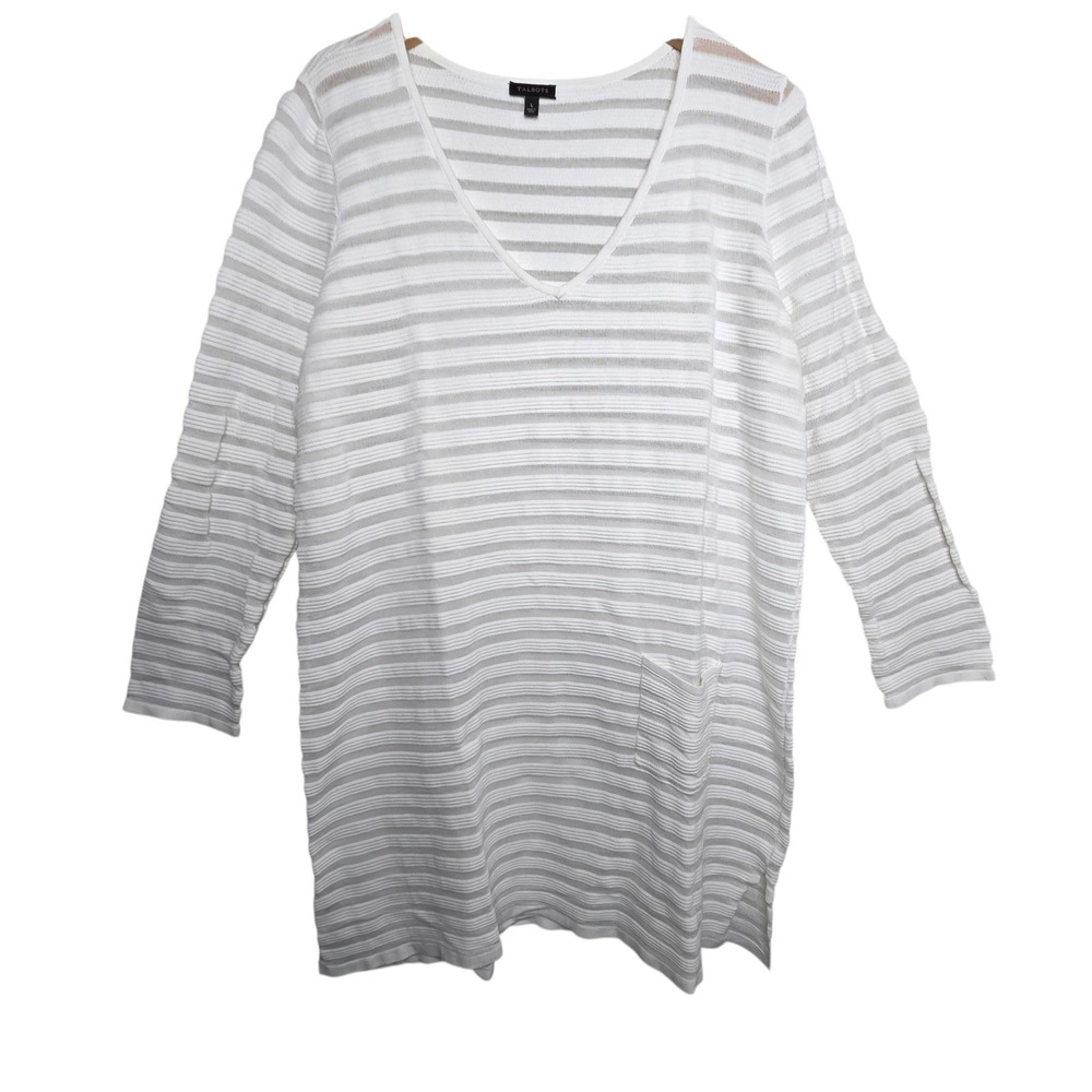Talbots Womens White V-Neck Striped Tunic Sweater Size L Preppy Coastal Beach